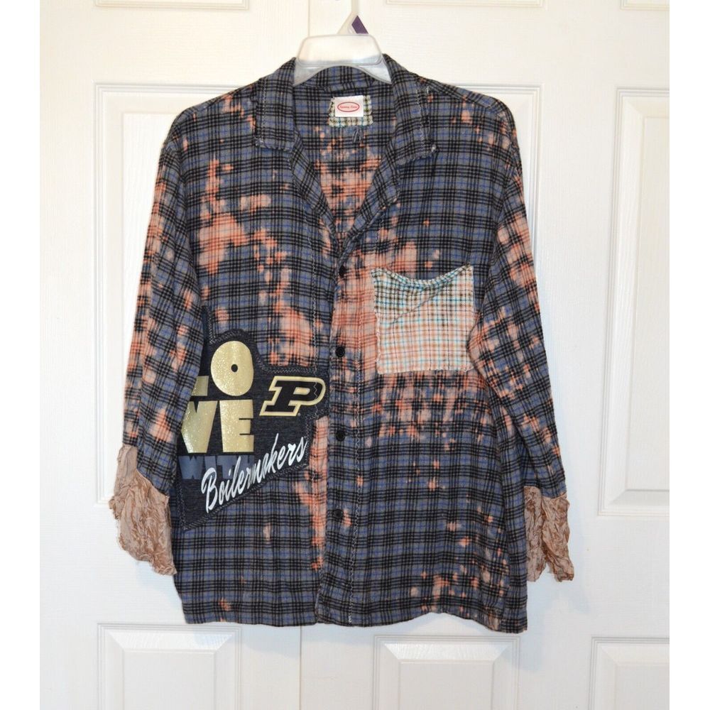 Spenny Lane Custom Embellished Distressed Purdue University Plaid Flannel Shirt‎